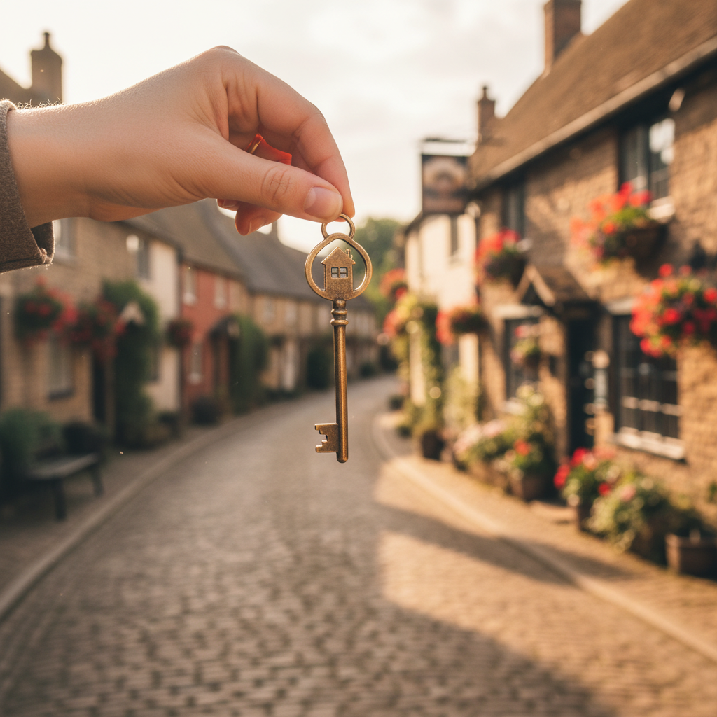 A close-up shot of a hand holding a house key with a blurred background of a charming British village street, depicting the dream of homeownership. Photorealistic, warm lighting.