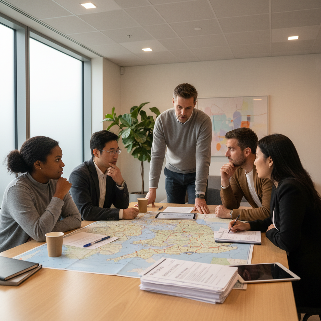 A diverse group of expats looking at a map of the UK and legal documents, discussing their immigration journey in a modern setting, soft lighting, photorealistic.