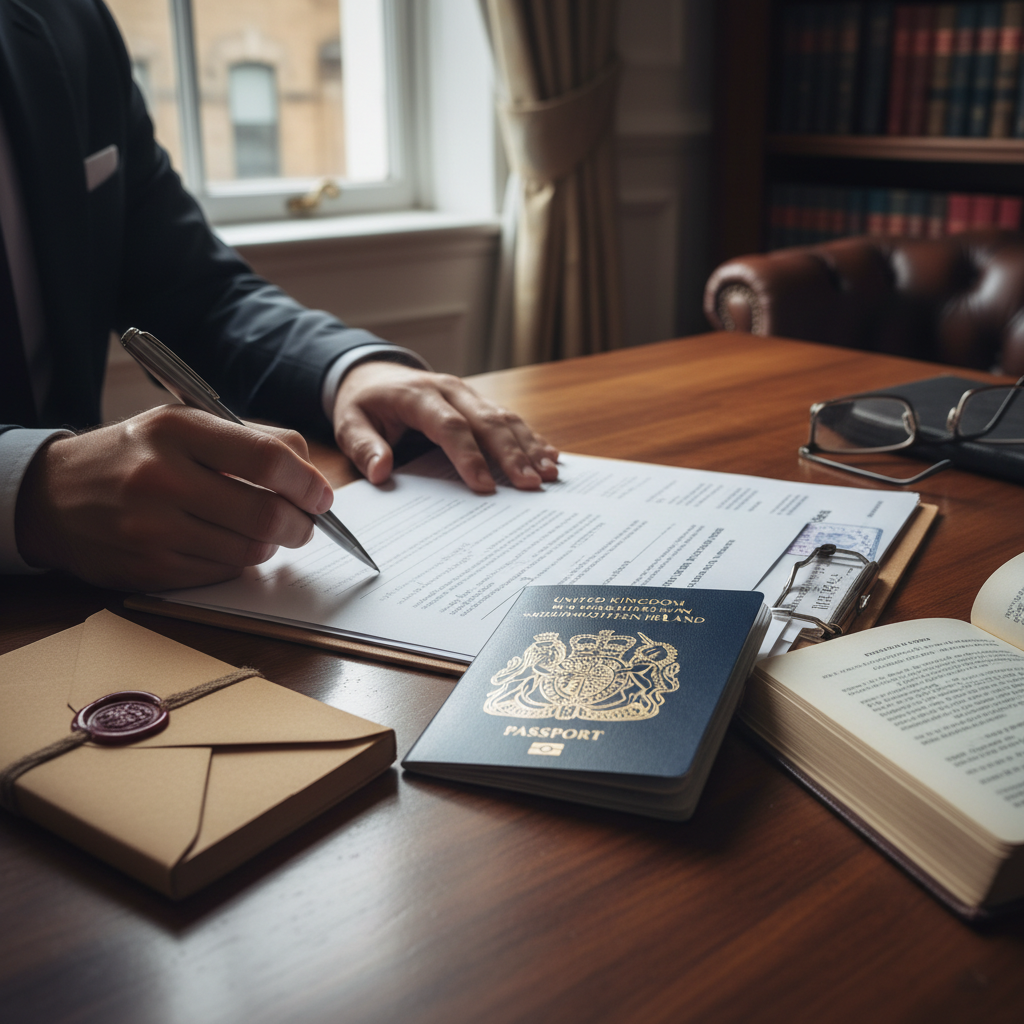 A close-up of hands signing legal documents, with a pen and a British passport visible on a desk, representing the legal process, photorealistic.
