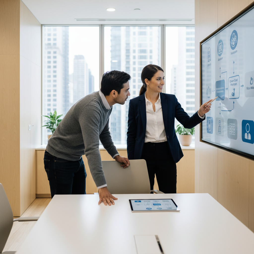 A legal professional explaining complex immigration terms to an expat client in a bright, modern office, using a tablet or large screen for visuals, photorealistic.