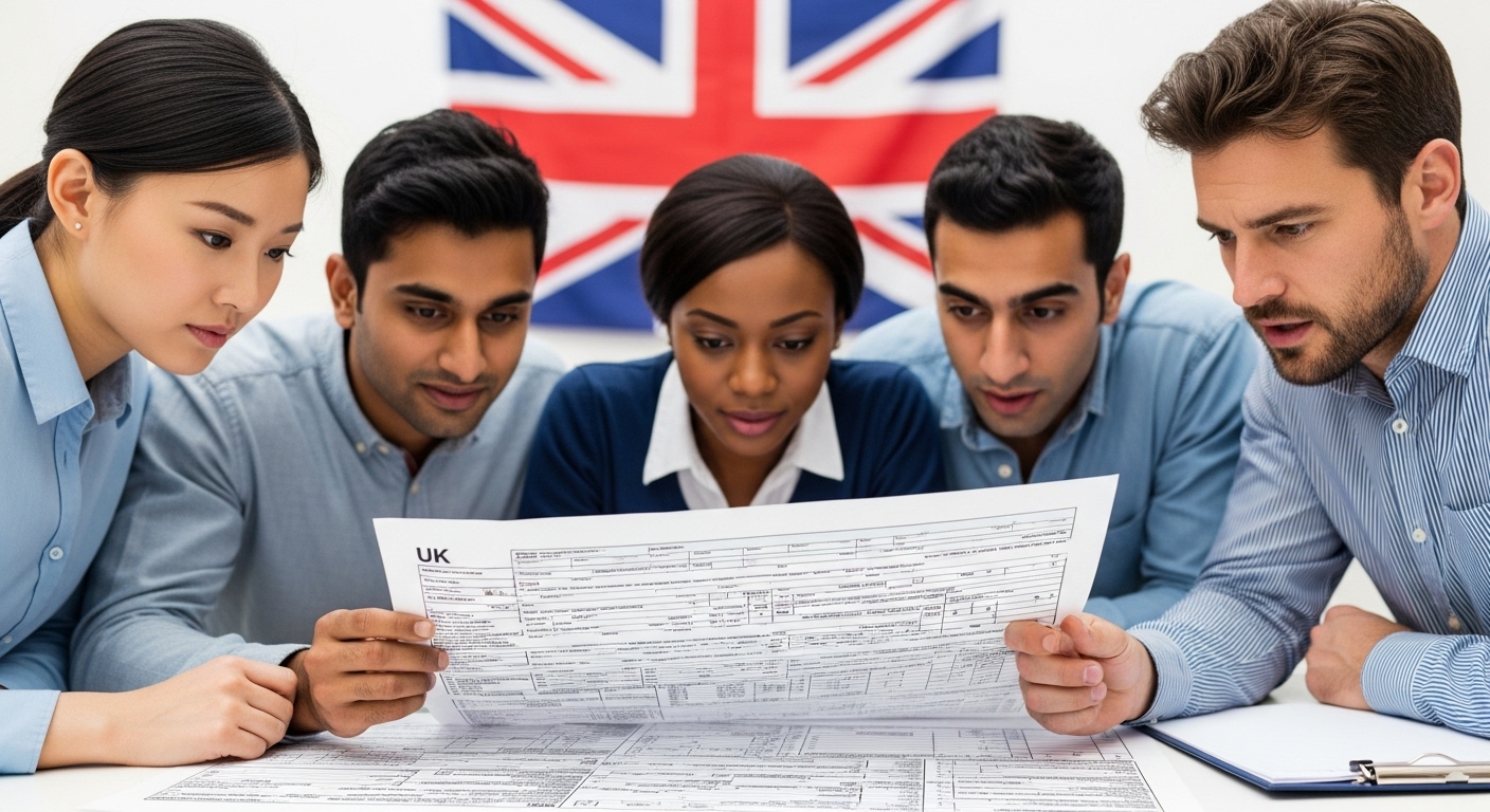 A diverse group of people from different countries looking somewhat puzzled at a complex tax form with a UK flag subtly in the background, a sense of mild confusion but also determination, photorealistic, vibrant colors.