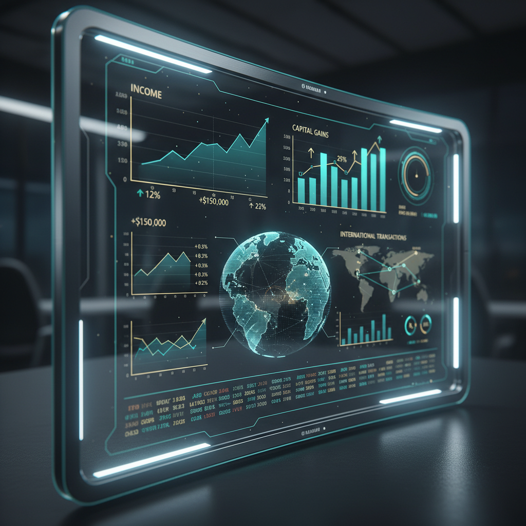 A digital interface showing various financial graphs and figures, representing income, capital gains, and international transactions, with a globe overlay, futuristic and sleek design, high detail.