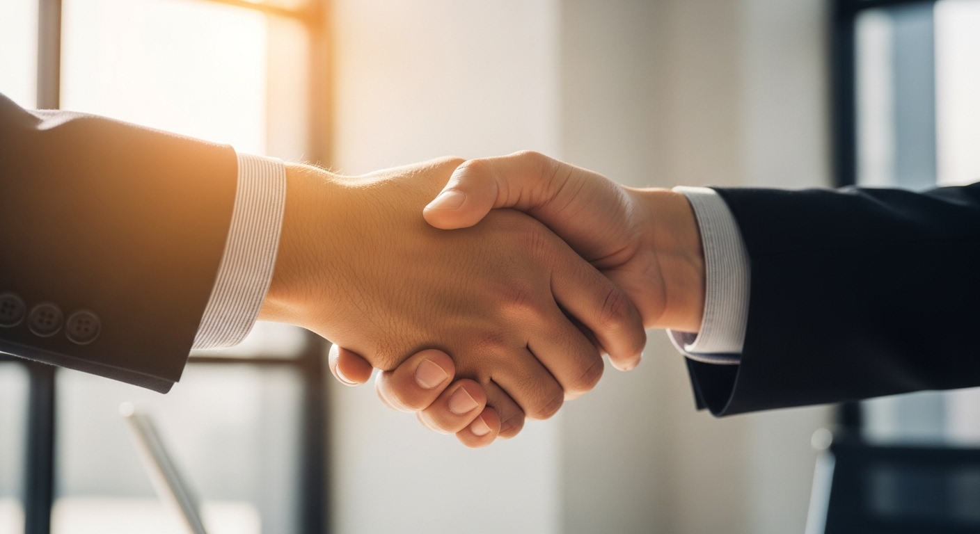 A professional handshake between an expat and a financial advisor, illustrating trust and professional advice in a comfortable, bright modern office setting, focus on hands and warm lighting, photorealistic.