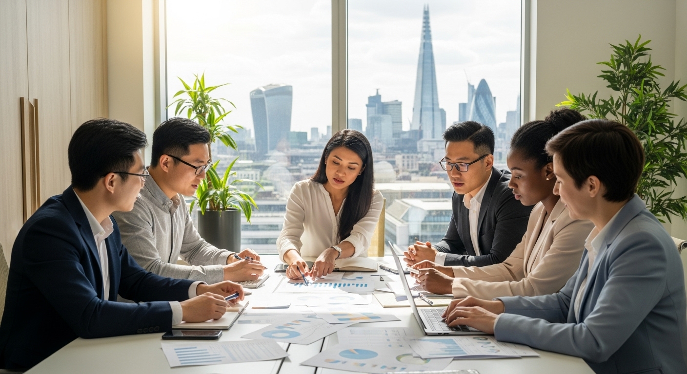 A diverse group of expat professionals from various countries reviewing financial documents together in a modern, sunlit office in London, with city skyline visible through the window, photorealistic