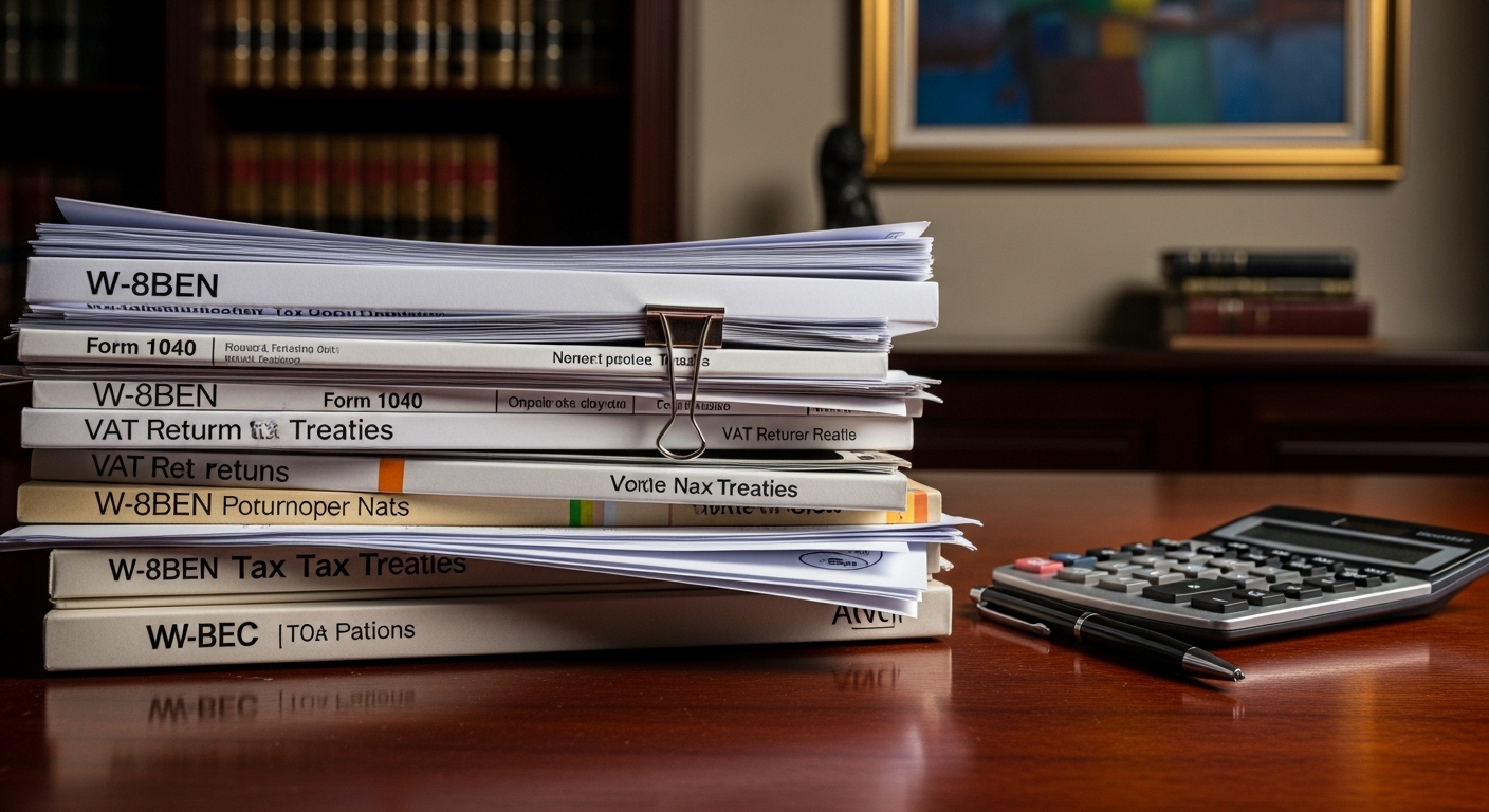 A stack of various international tax documents and forms neatly organized on a polished wooden desk, with a calculator and a pen, in a professional setting, dramatic lighting, photorealistic