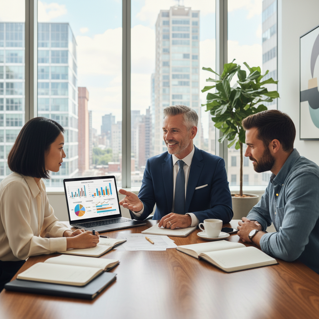 A friendly, professional tax advisor in a modern office, wearing a smart suit, explaining complex tax concepts to a diverse expat couple, with a laptop displaying charts and graphs, natural light, photorealistic