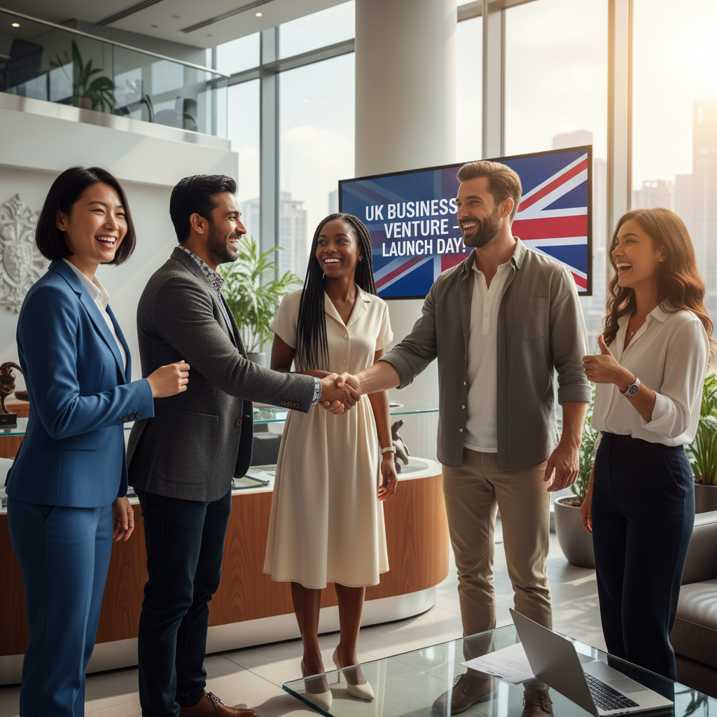 A diverse group of international entrepreneurs smiling and shaking hands in a modern, sunlit office lobby, looking excited about their new UK business venture. Photorealistic, high-resolution.