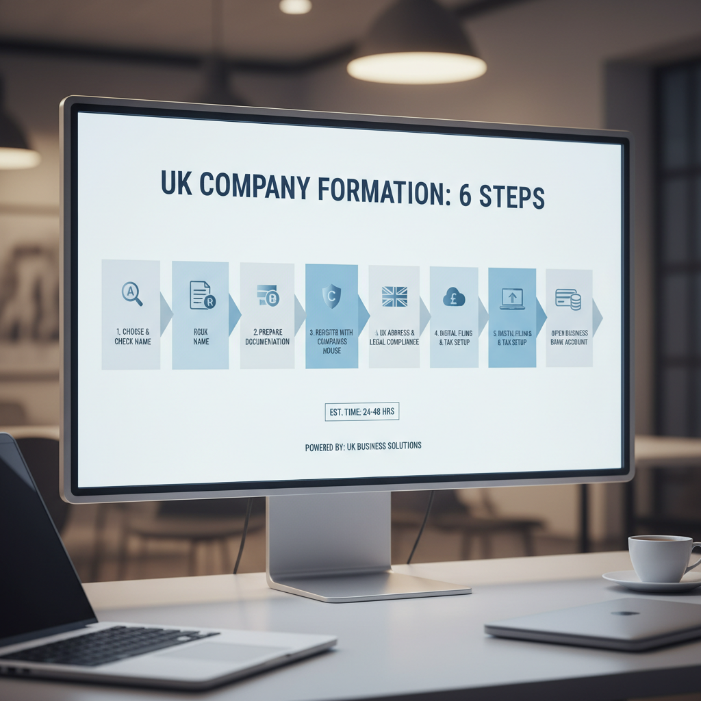 A detailed, modern infographic showing a step-by-step process of UK company formation, from choosing a name to opening a bank account, with small icons representing each stage. Clear and minimalist design. Photorealistic.