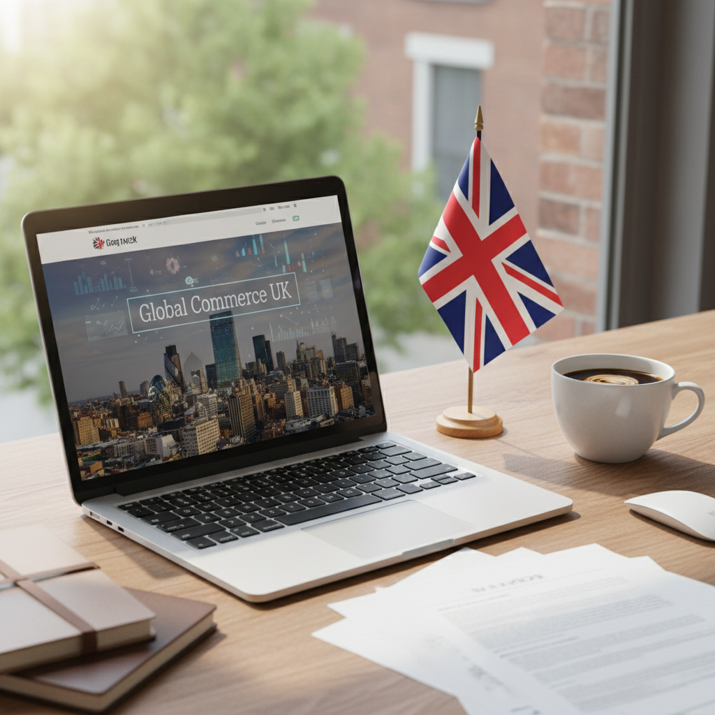 A stylish desk with a laptop displaying a UK business website, a cup of coffee, and a small Union Jack flag, symbolizing remote work and international business. Soft, natural lighting. Photorealistic.