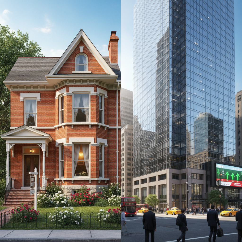 A vibrant, clear split image. On the left, a charming, classic red brick Victorian buy-to-let house with a 'For Rent' sign, well-maintained and inviting. On the right, a sleek, modern glass-fronted commercial office building with a bustling street scene in front, representing different types of property investments. The colors are vivid, and details are sharp. Photorealistic.