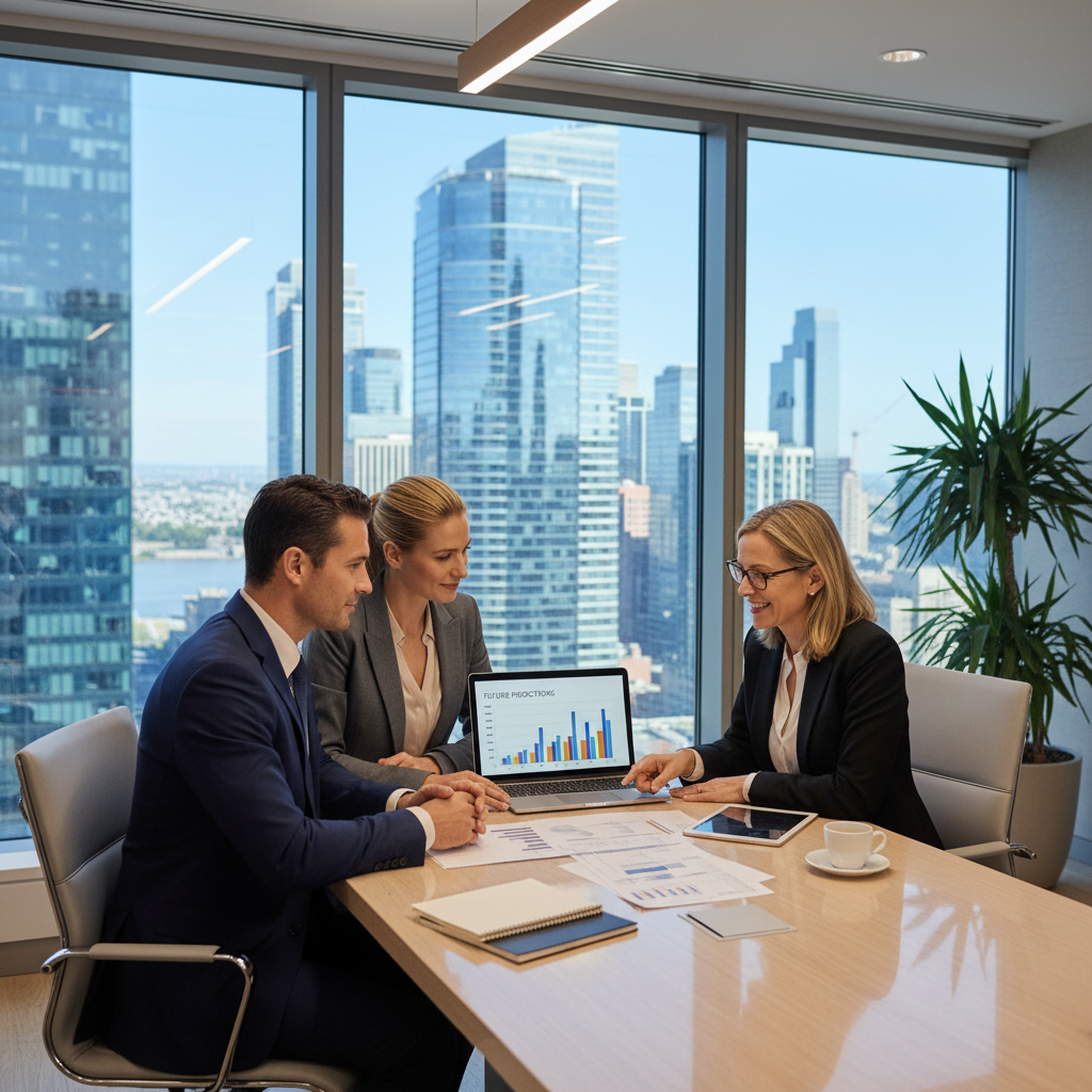 A professional expat couple, a man and a woman in their 30s, are seated at a modern office desk, attentively discussing documents and a financial projection on a laptop with a friendly, knowledgeable financial advisor. The office is well-lit and contemporary, with cityscape views in the background. Their expressions are serious but hopeful, indicating careful planning and informed decision-making. Photorealistic.