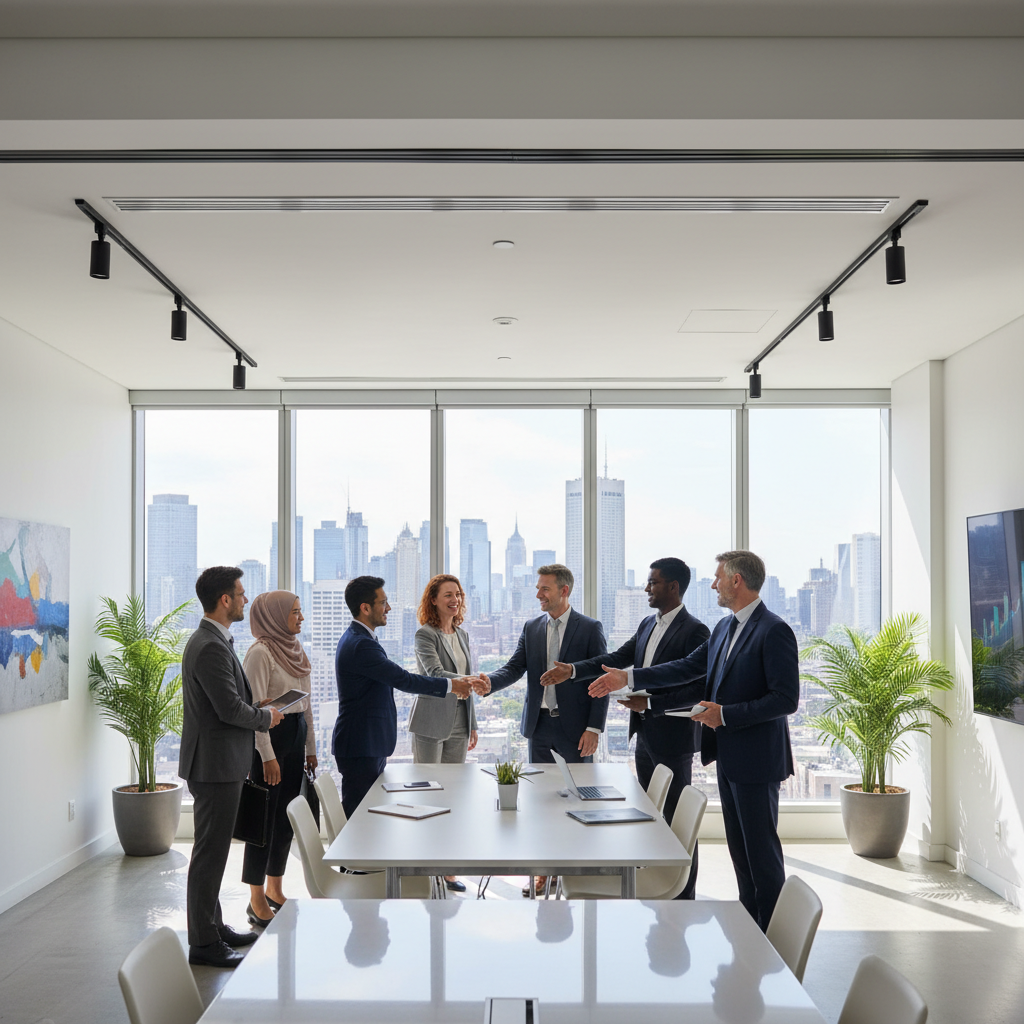 A diverse group of entrepreneurs, including expats, shaking hands with investors in a modern, light-filled office space, dynamic, photorealistic