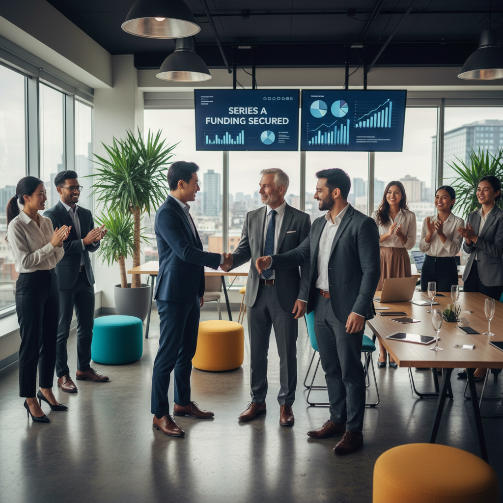 A diverse group of expat entrepreneurs shaking hands with investors in a modern co-working space, representing successful funding rounds. Photorealistic, vibrant colors.