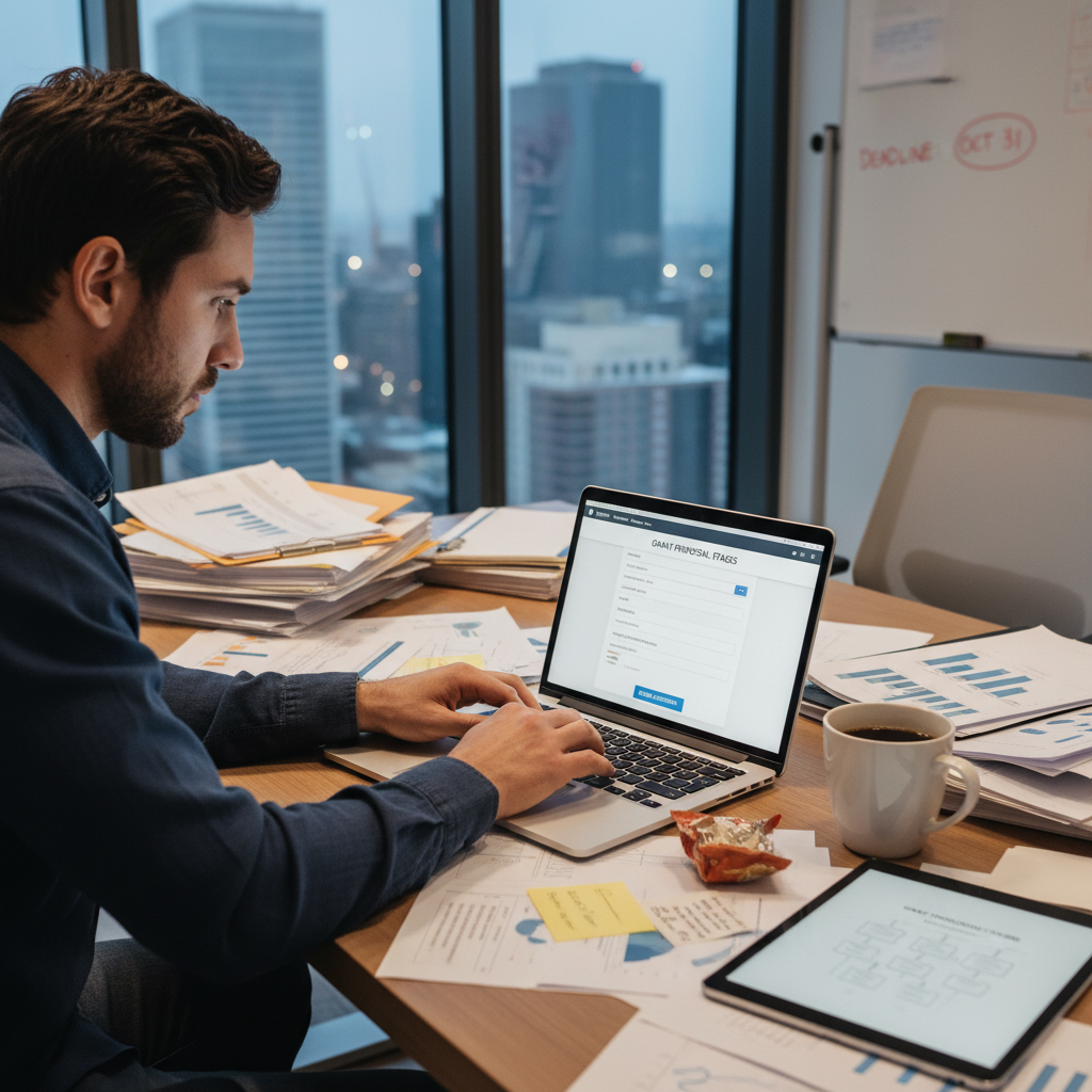 A person intently working on a laptop, surrounded by paperwork and a cup of coffee, in a focused, modern office environment, representing grant application process, photorealistic
