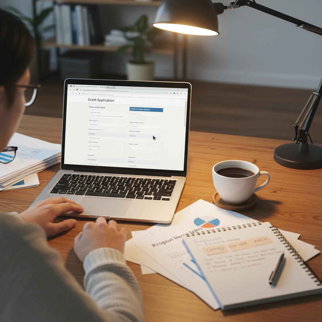 A person meticulously filling out an online grant application form on a laptop, with a cup of coffee and business documents on a desk. Bright, focused lighting. Photorealistic.