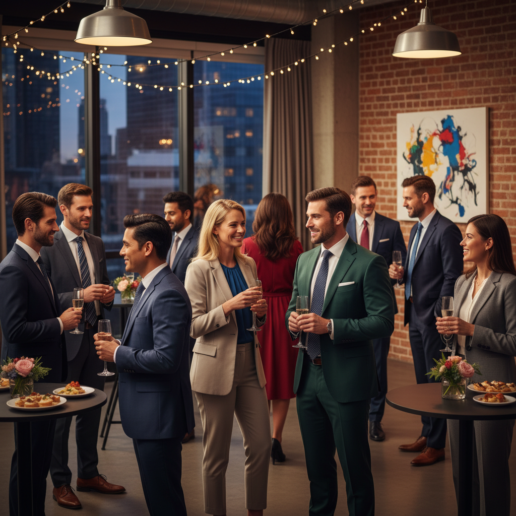 A diverse group of business professionals in a networking event, exchanging business cards and engaged in conversation, warm lighting, professional attire, photorealistic