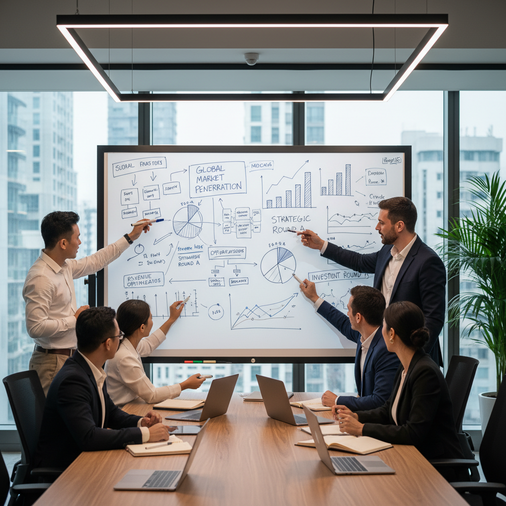 A diverse team of expat entrepreneurs collaborating around a whiteboard with complex business strategies and financial charts. Modern office environment, professional and dynamic. Photorealistic.