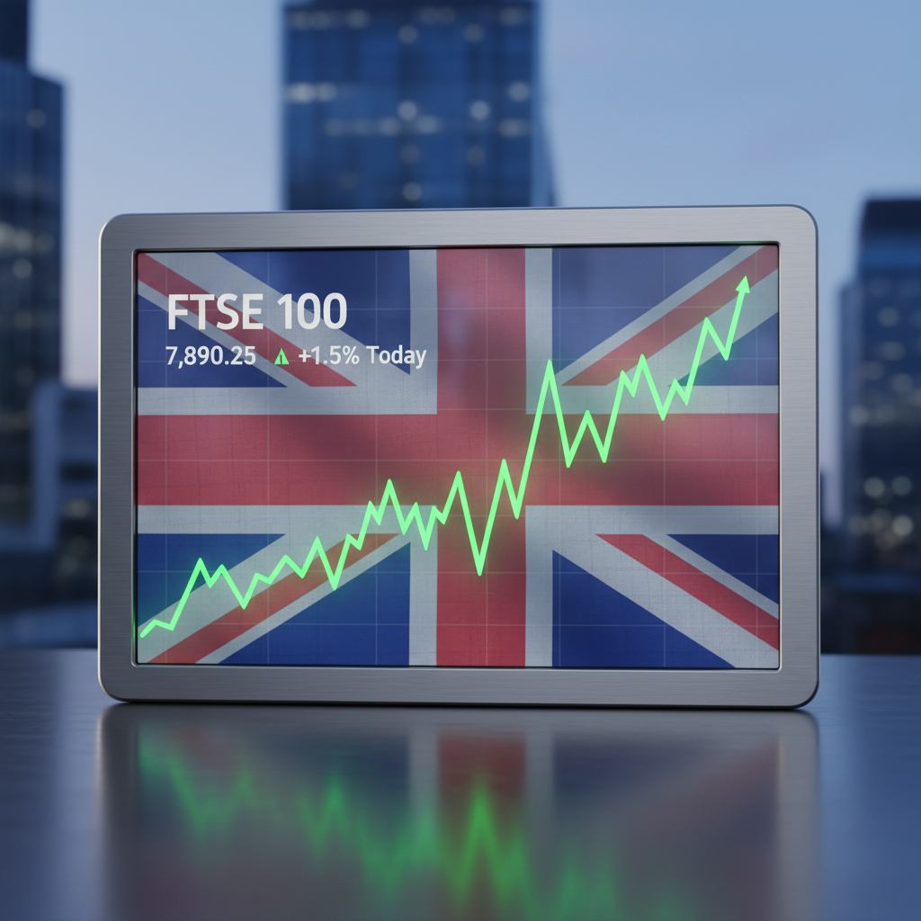 A sleek, modern digital display showing a rising stock market graph with a subtle overlay of the UK flag in the background, symbolizing financial growth and opportunity. Photorealistic.