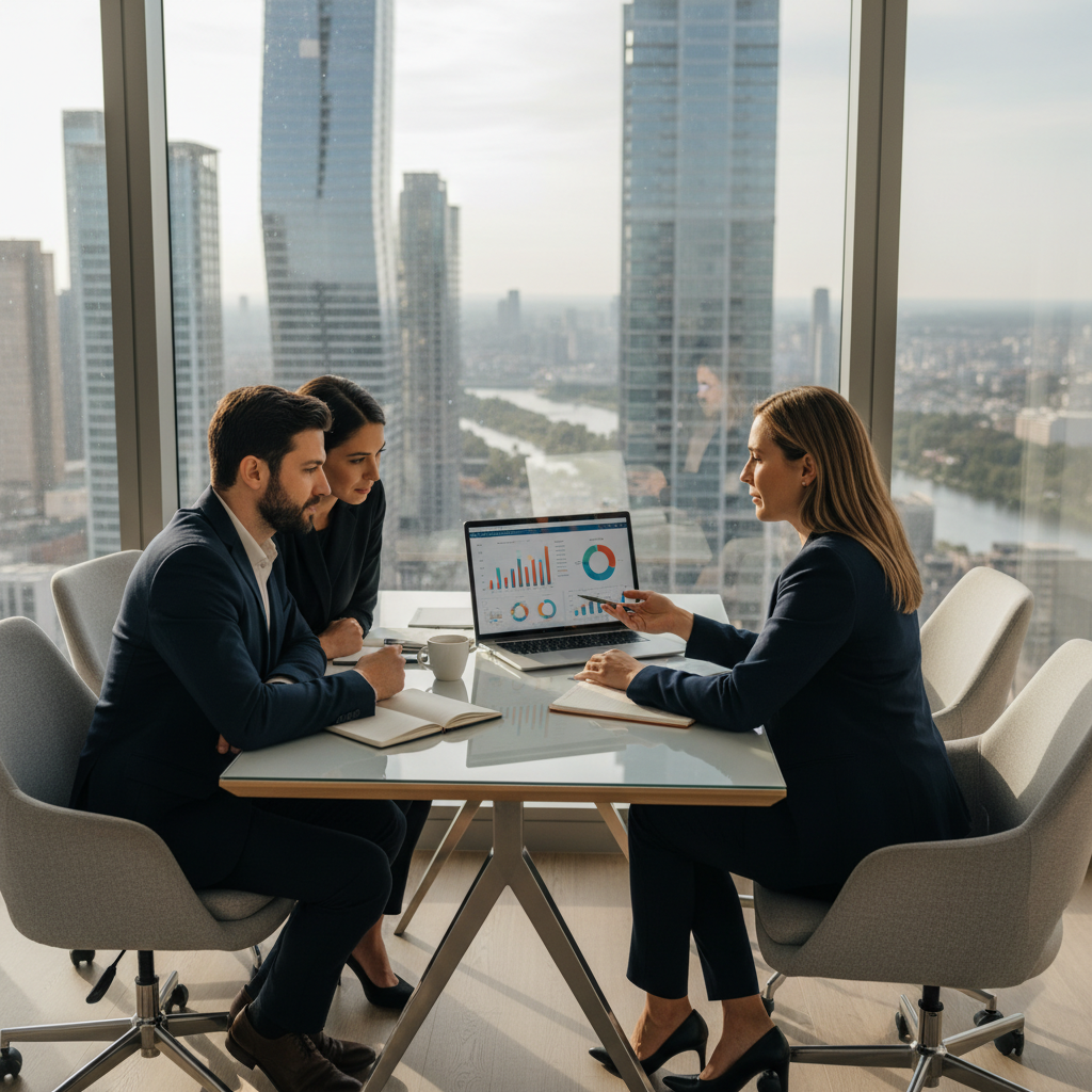 A professional financial advisor in a modern office discussing investment options on a laptop with a focused expat couple, with a city skyline visible through the window. Photorealistic.