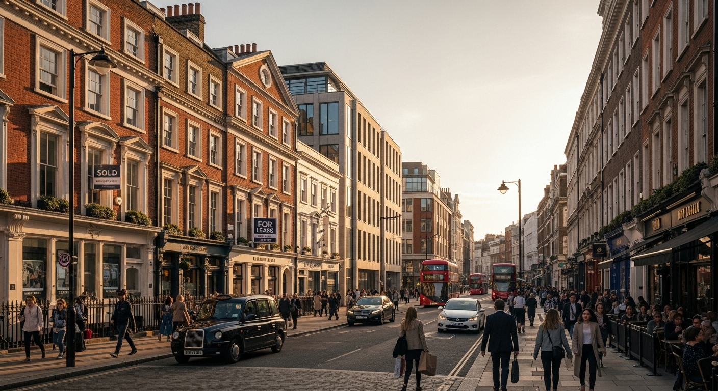 A vibrant, bustling street in a historic UK city, with a mix of traditional and modern architecture, suggesting a thriving property market. Photorealistic, wide shot, golden hour.