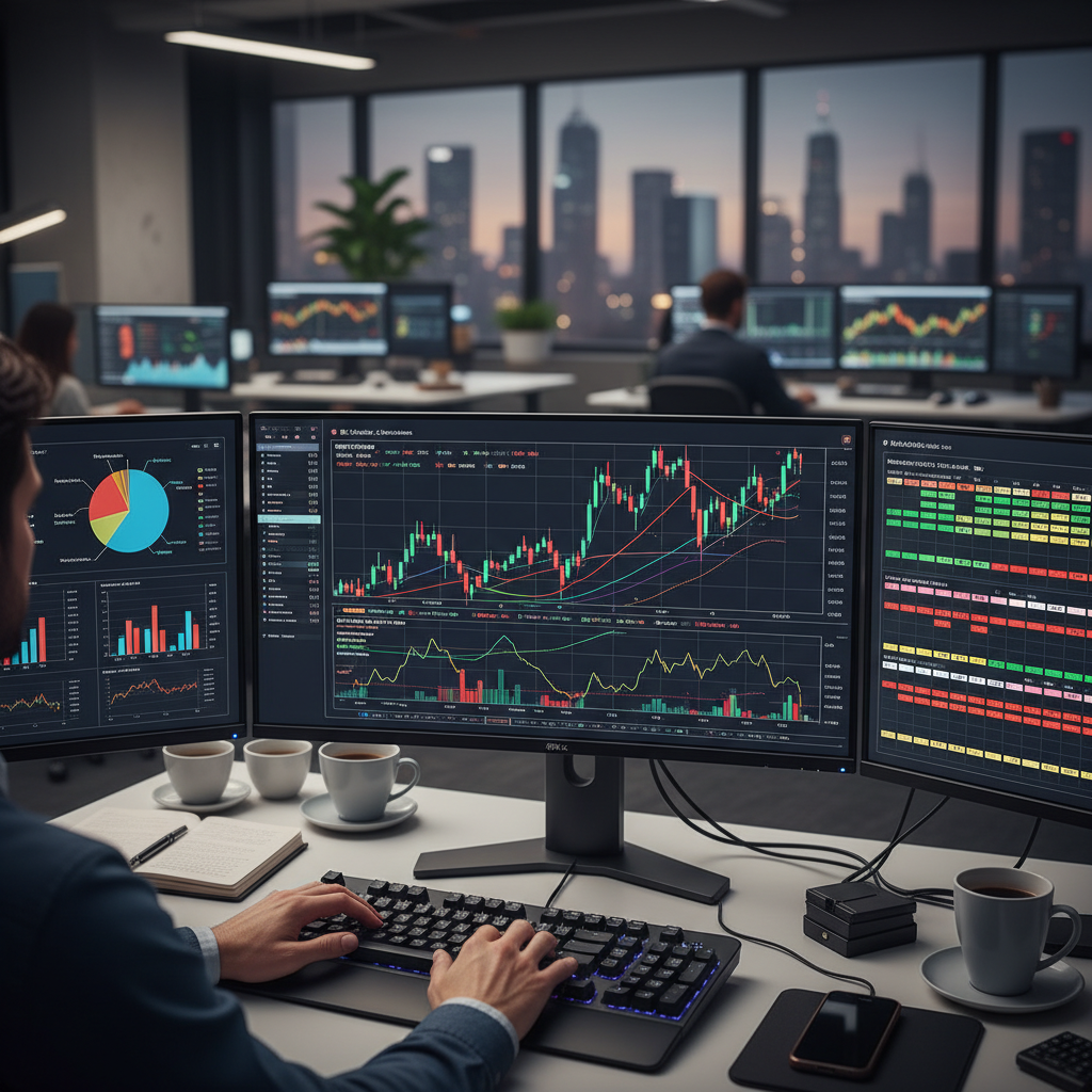 A diverse portfolio of financial charts and graphs displayed on multiple computer screens, with a person's hands typing on a keyboard in the foreground, representing active investment management. Photorealistic, professional office setting.