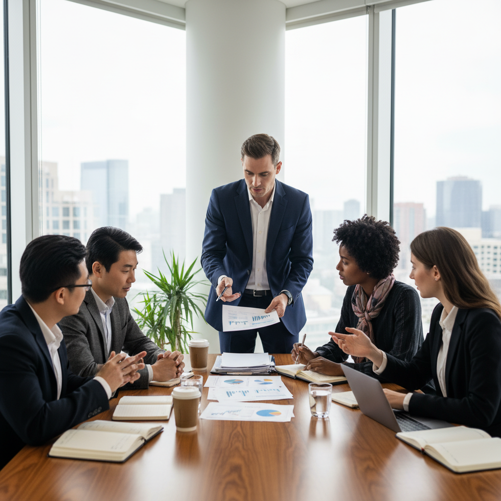 A diverse group of people from different backgrounds (expats) sitting around a table with a financial advisor, looking at documents and discussing investment strategies in a modern, light-filled office. Photorealistic, professional setting.