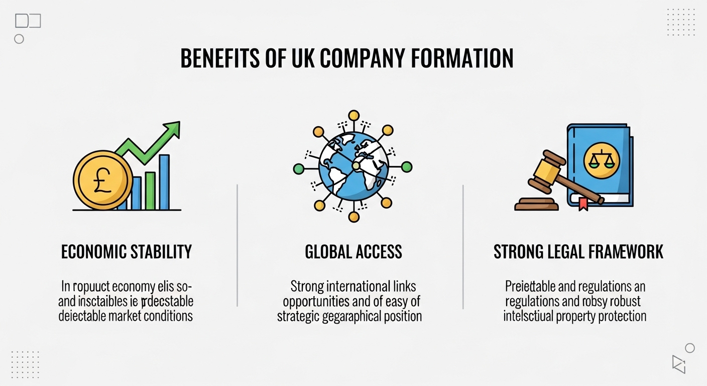 A detailed infographic displaying the benefits of UK company formation, with icons representing economic stability, global access, and a strong legal framework. The style should be clean, modern, and professional. Photorealistic.