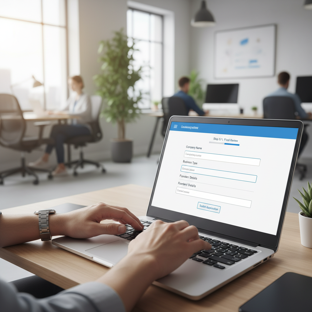 A close-up shot of a person's hands filling out digital company registration forms on a laptop, with a blurred background showing a modern office environment. The focus is on the ease and accessibility of online registration. Photorealistic.
