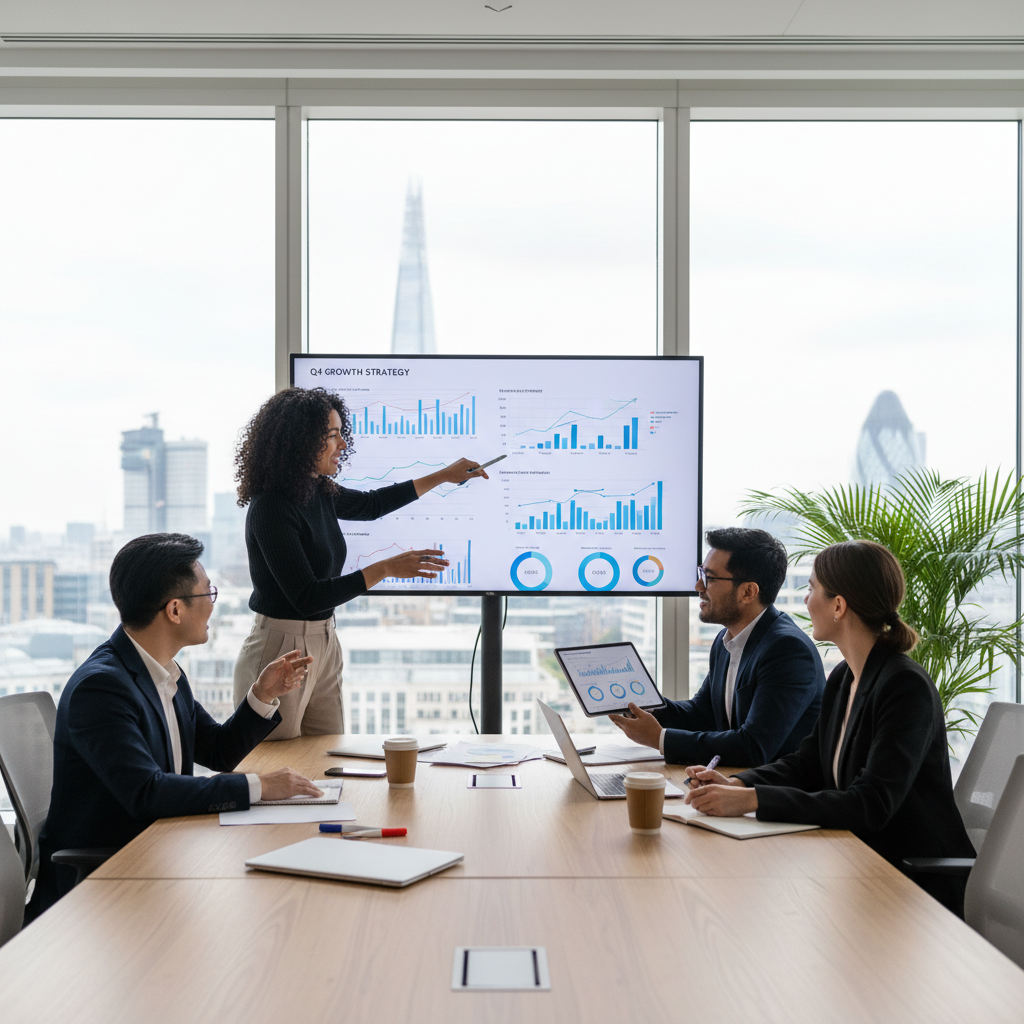 A small, diverse team of entrepreneurs collaboratively working in a bright, modern UK office space, discussing strategy with a large monitor displaying financial charts in the background. They look motivated and successful. Photorealistic.
