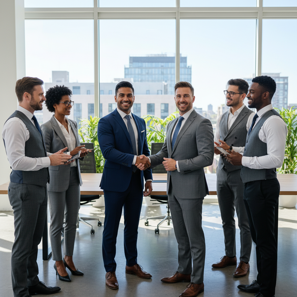 A professional expat in a suit shaking hands with a UK business partner in a modern office, surrounded by diverse team members, daylight, photorealistic