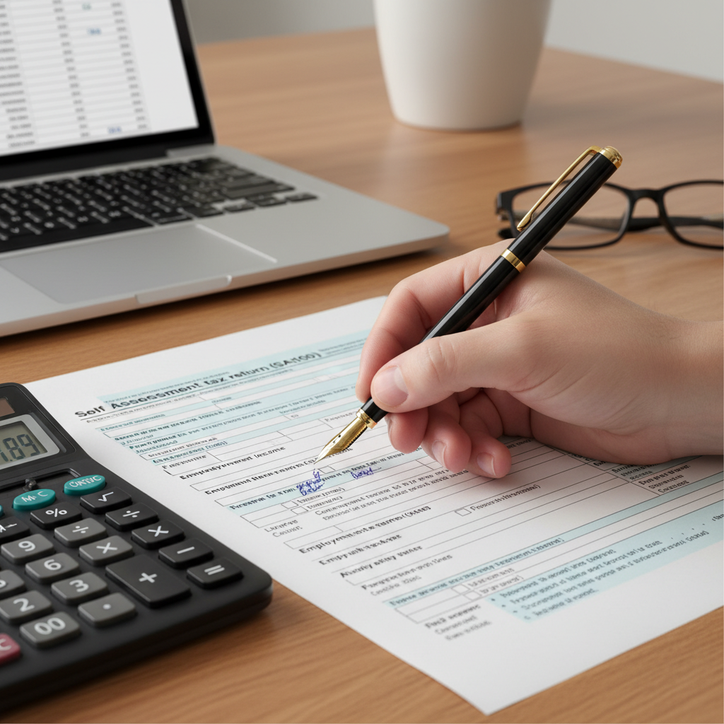 A close-up shot of a hand filling out UK tax forms with a pen, surrounded by a laptop and calculator, focused, professional, photorealistic