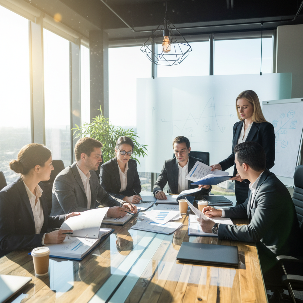 A diverse group of business professionals in a modern conference room, looking at legal documents and discussing, sunlight streaming in, collaborative, photorealistic