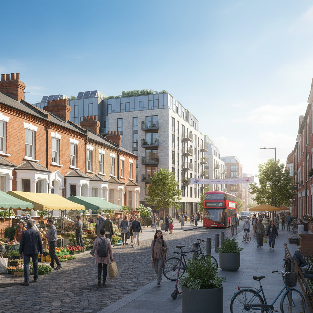 A wide-angle, photorealistic shot of a vibrant, diverse UK street, showcasing a mix of traditional red-brick terraced houses, modern apartment buildings, and a bustling local market, under a bright, clear sky. The scene exudes stability and growth.