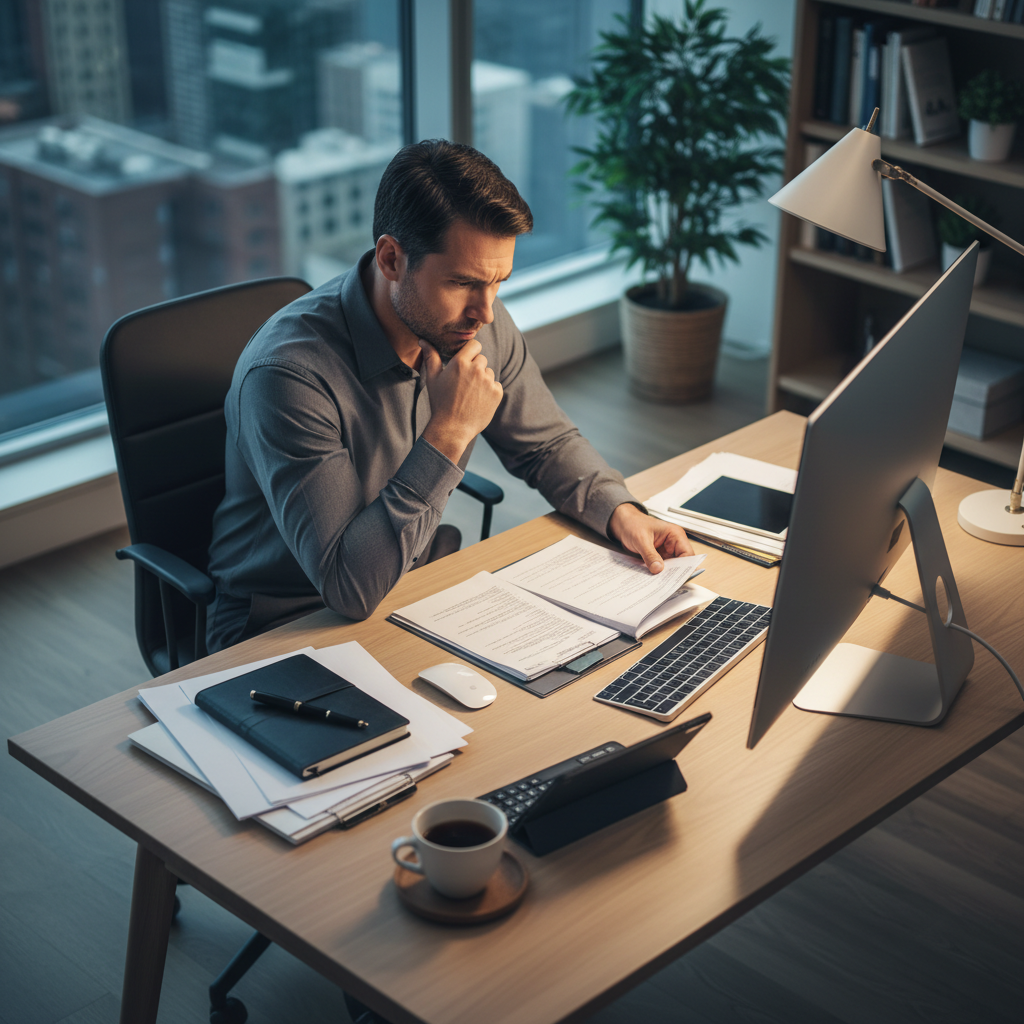 A photorealistic, high-angle shot of an expat, possibly a man in his late 30s or early 40s, sitting comfortably at a modern desk in a home office, intently reviewing financial documents and a laptop screen, with a well-organized workspace and a muted, sophisticated background. He looks focused and contemplative.