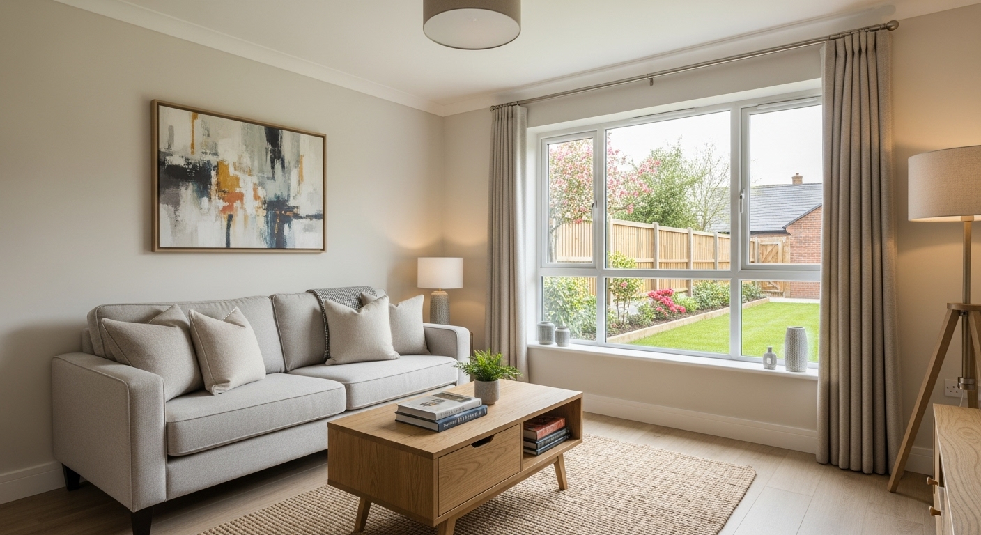 A photorealistic, eye-level shot inside a beautifully maintained, modern British rental property living room, featuring tasteful, neutral decor, comfortable furniture, and a large window looking out onto a typical UK garden. The scene is bright and inviting, suggesting high quality.